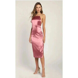 Lulu’s Pink Satin Midi Dress Medium Adoring Attitude Column NWT